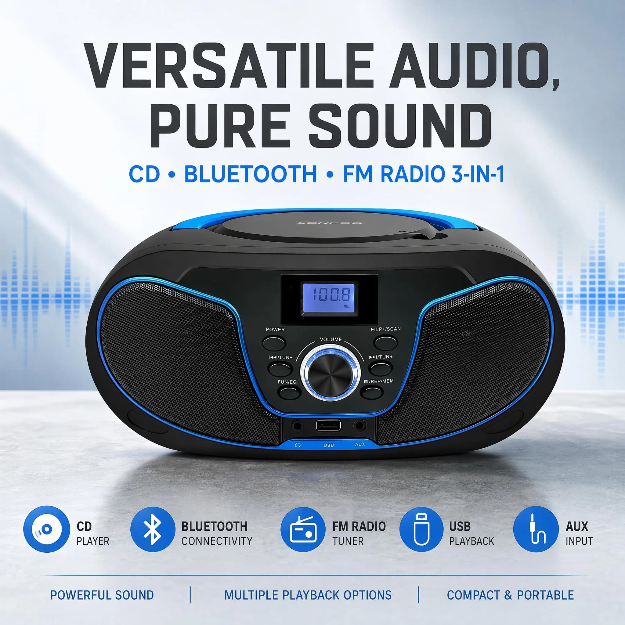 LONPOO LP-D02 Portable CD Player Boombox Bluetooth 28cm (11in) | Crystal-Clear Stereo Sound with FM Radio & AUX Input - view 2