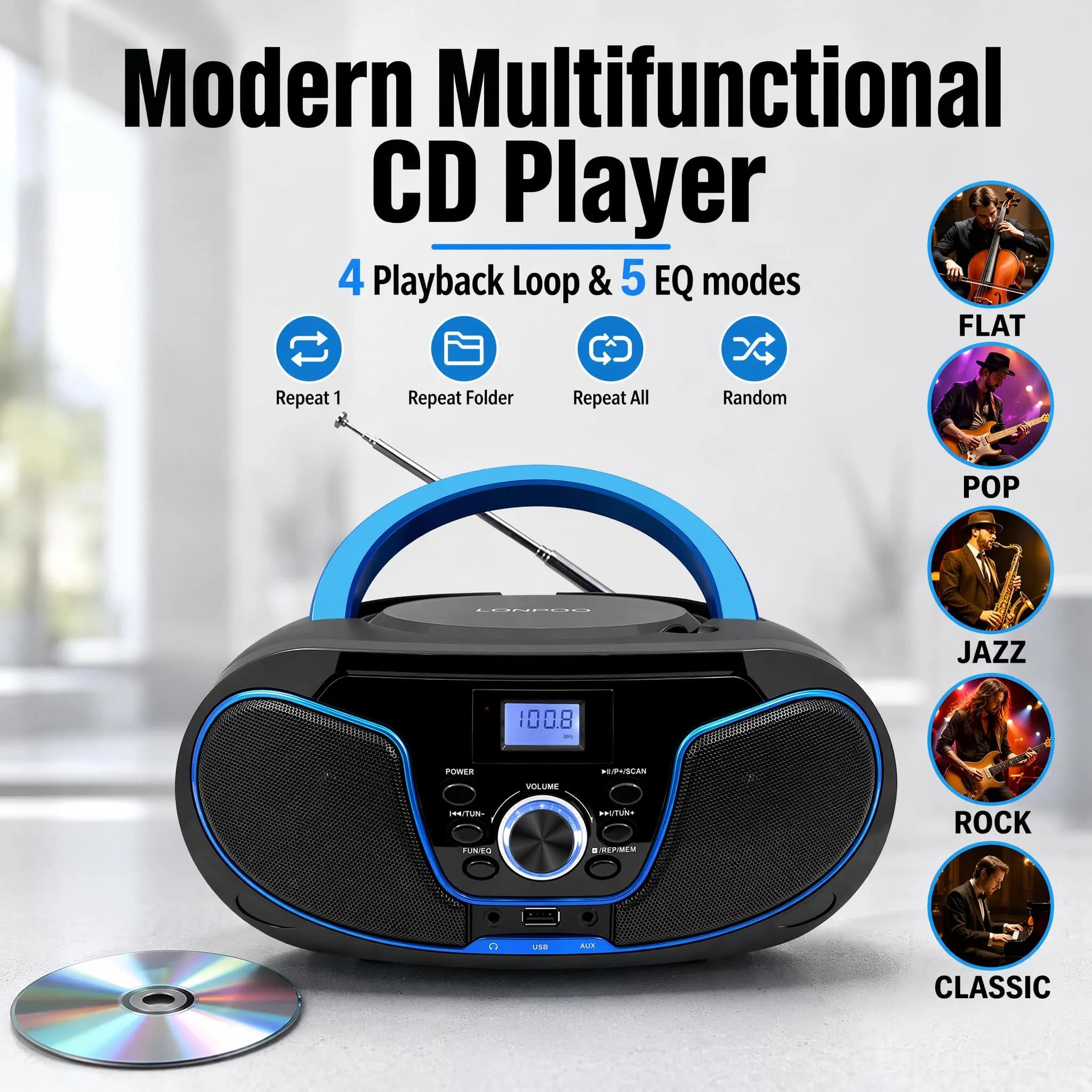 LONPOO LP-D02 Portable CD Player Boombox Bluetooth 28cm (11in) | Crystal-Clear Stereo Sound with FM Radio & AUX Input - view 3