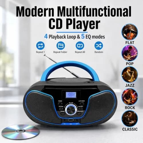 LONPOO LP-D02 Portable CD Player Boombox Bluetooth 28cm (11in) | Crystal-Clear Stereo Sound with FM Radio & AUX Input thumbnail 3