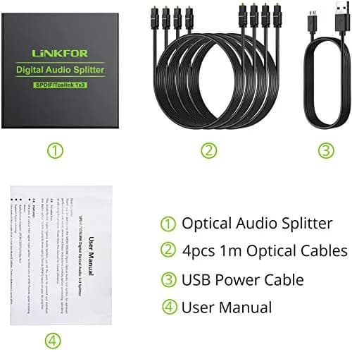 LiNKFOR 3 Port Toslink Splitter with 4pcs 6ft Optical Cables | Supports Dolby-AC3 DTS, Long Distance Transmission thumbnail 7