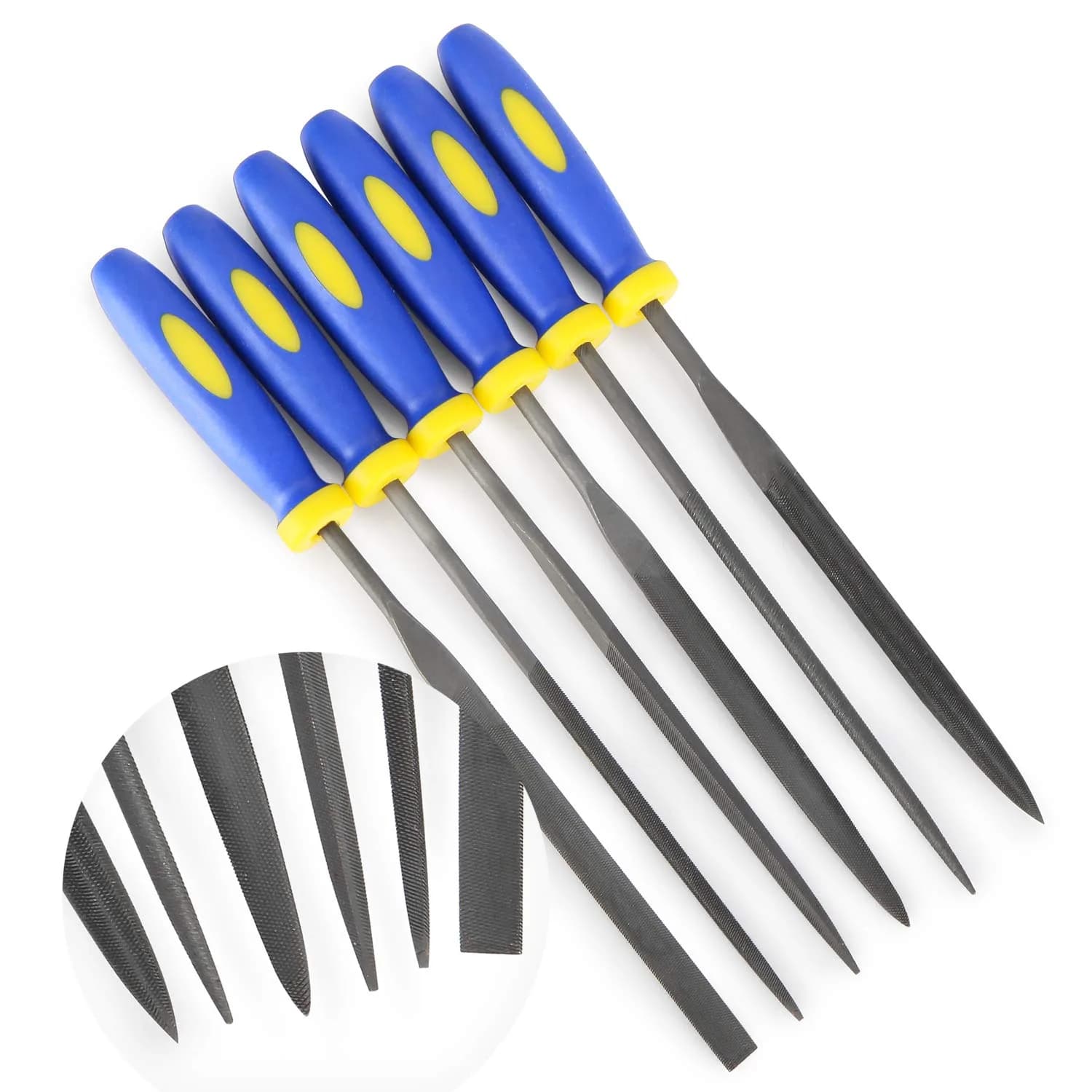 KALIM MINI Needle File Set (Carbon Steel 6 Piece-Set) 6'' | Precision Hand Files for Metal, Jewelry, Wood & Plastic — Blue
