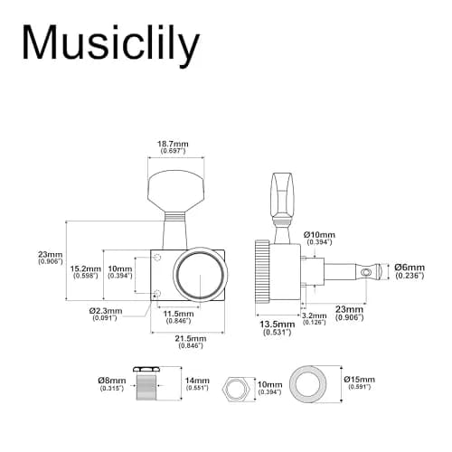 Musiclily Pro R15T-01 6 inline 2-pins Guitar Locking Tuners Set Gold | Smooth Tuning & Easy Upgrade thumbnail 2