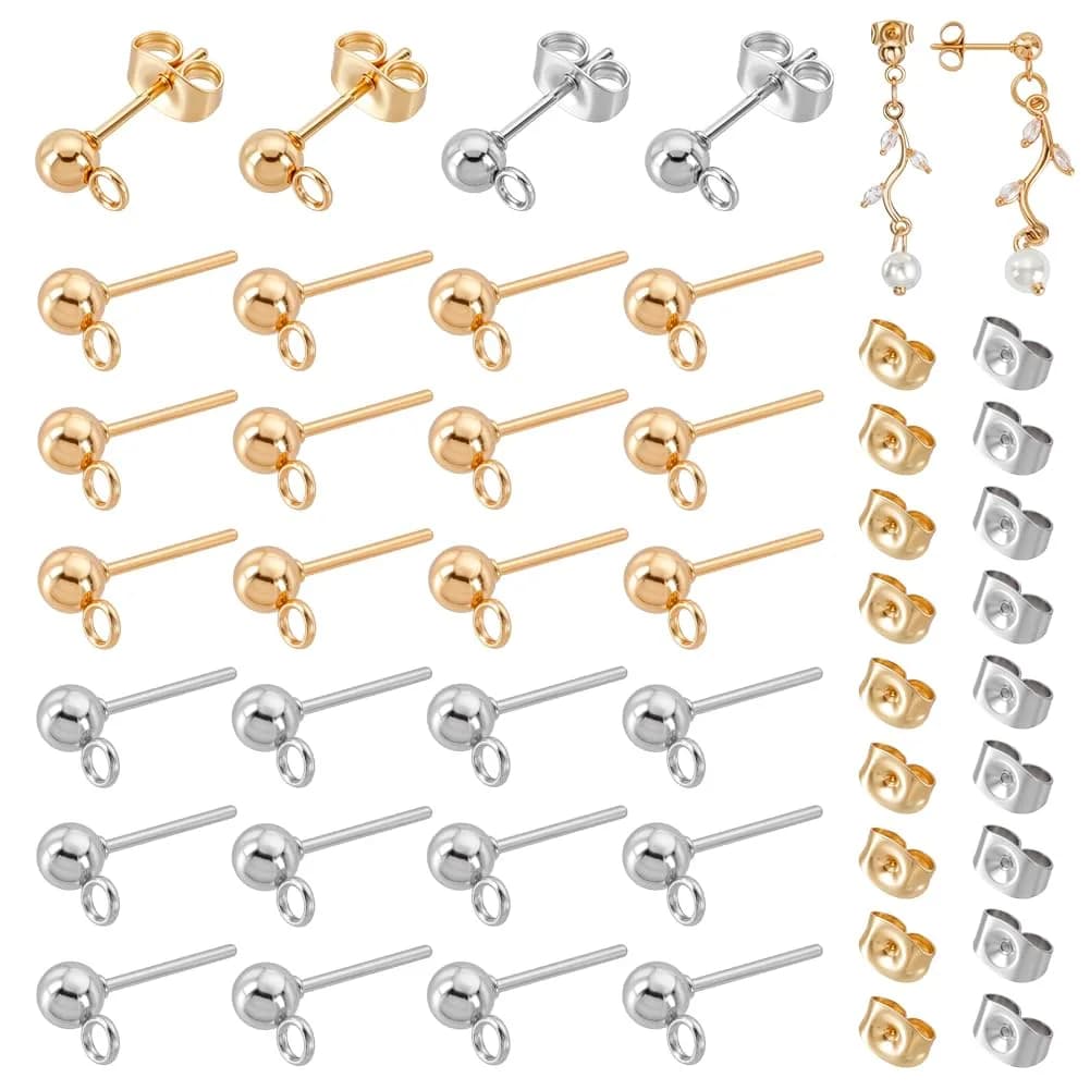 PH PandaHall 304 Stainless Steel Earring Posts with Loop & Butterfly Backs, 20 Pairs (40 Sets) | DIY Jewelry Making Findings - main product image