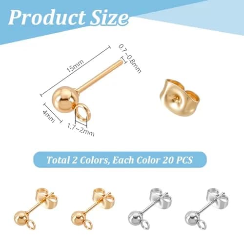 PH PandaHall 304 Stainless Steel Earring Posts with Loop & Butterfly Backs, 20 Pairs (40 Sets) | DIY Jewelry Making Findings thumbnail 2
