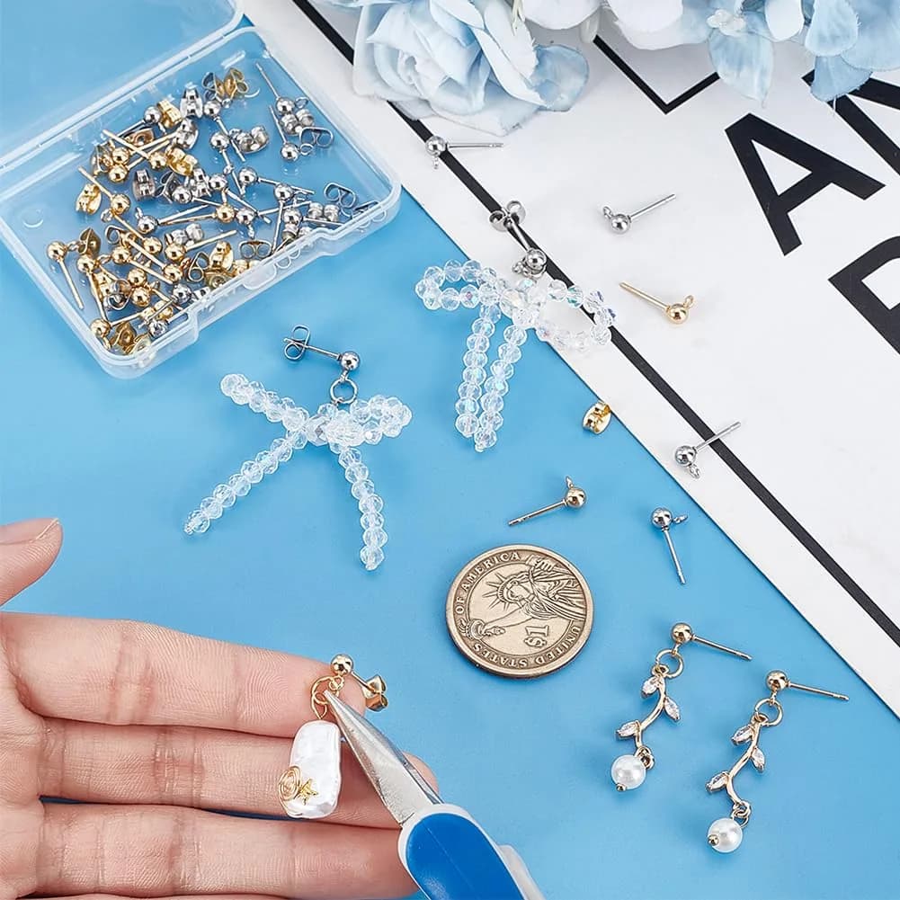 PH PandaHall 304 Stainless Steel Earring Posts with Loop & Butterfly Backs, 20 Pairs (40 Sets) | DIY Jewelry Making Findings - view 3