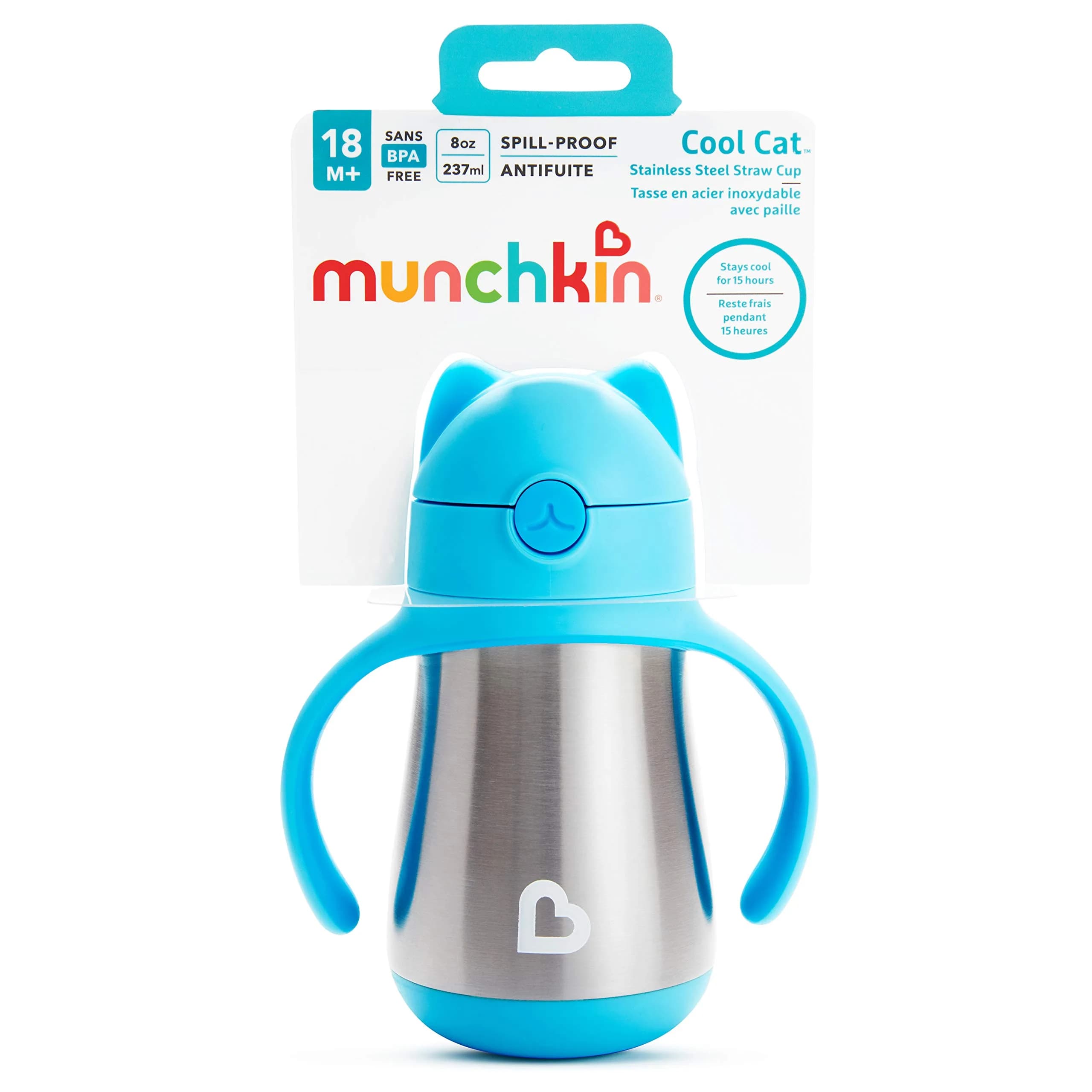 Munchkin Cool Cat Stainless Steel Straw Sippy Cup 237ml (8 Ounce) | Insulated Toddler Cup for Boys & Girls 18+ Months - view 7