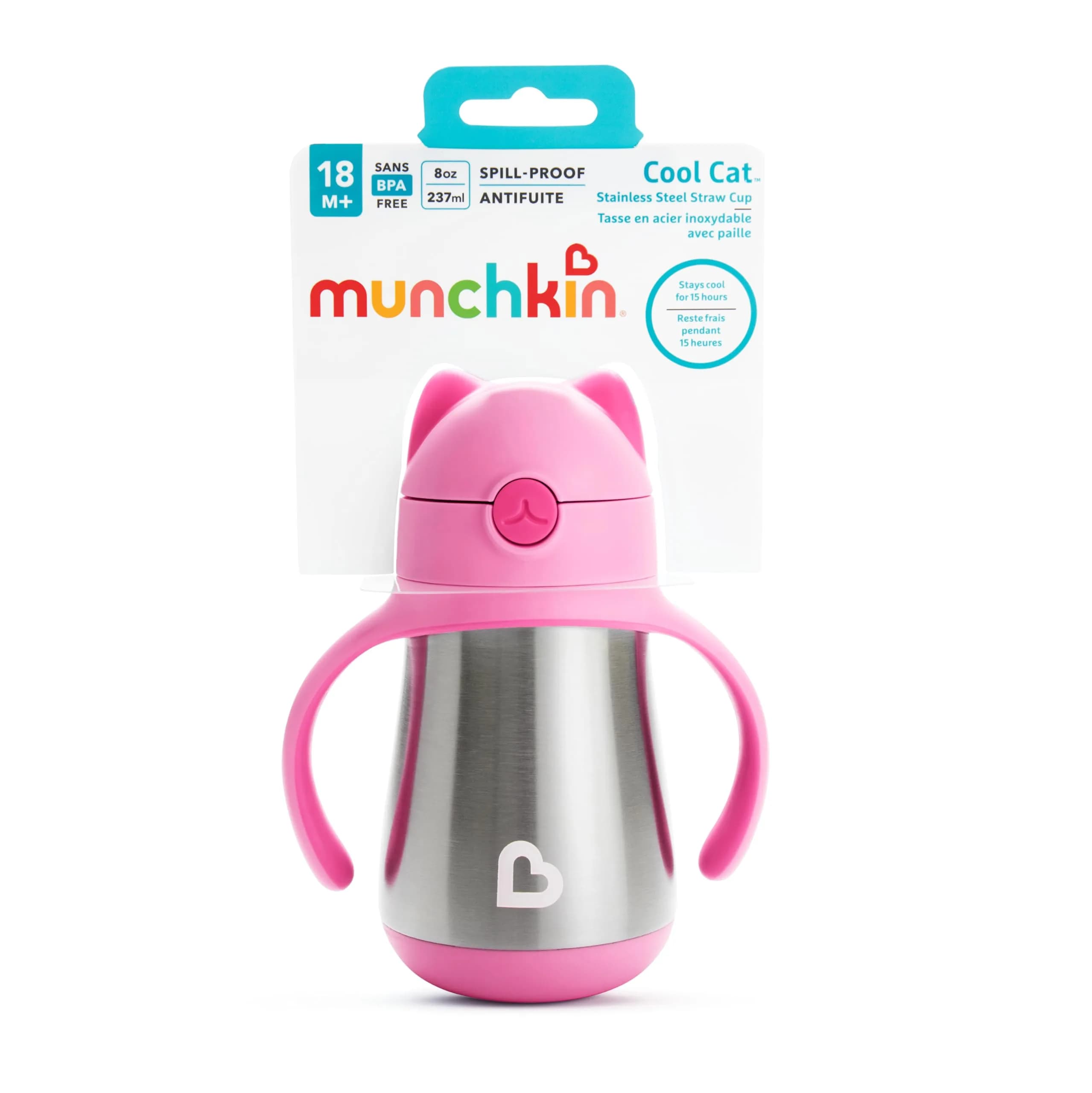 Munchkin Cool Cat Stainless Steel Sippy Cup 237ml (8oz) with Straw | BPA-Free Toddler Cup - view 7