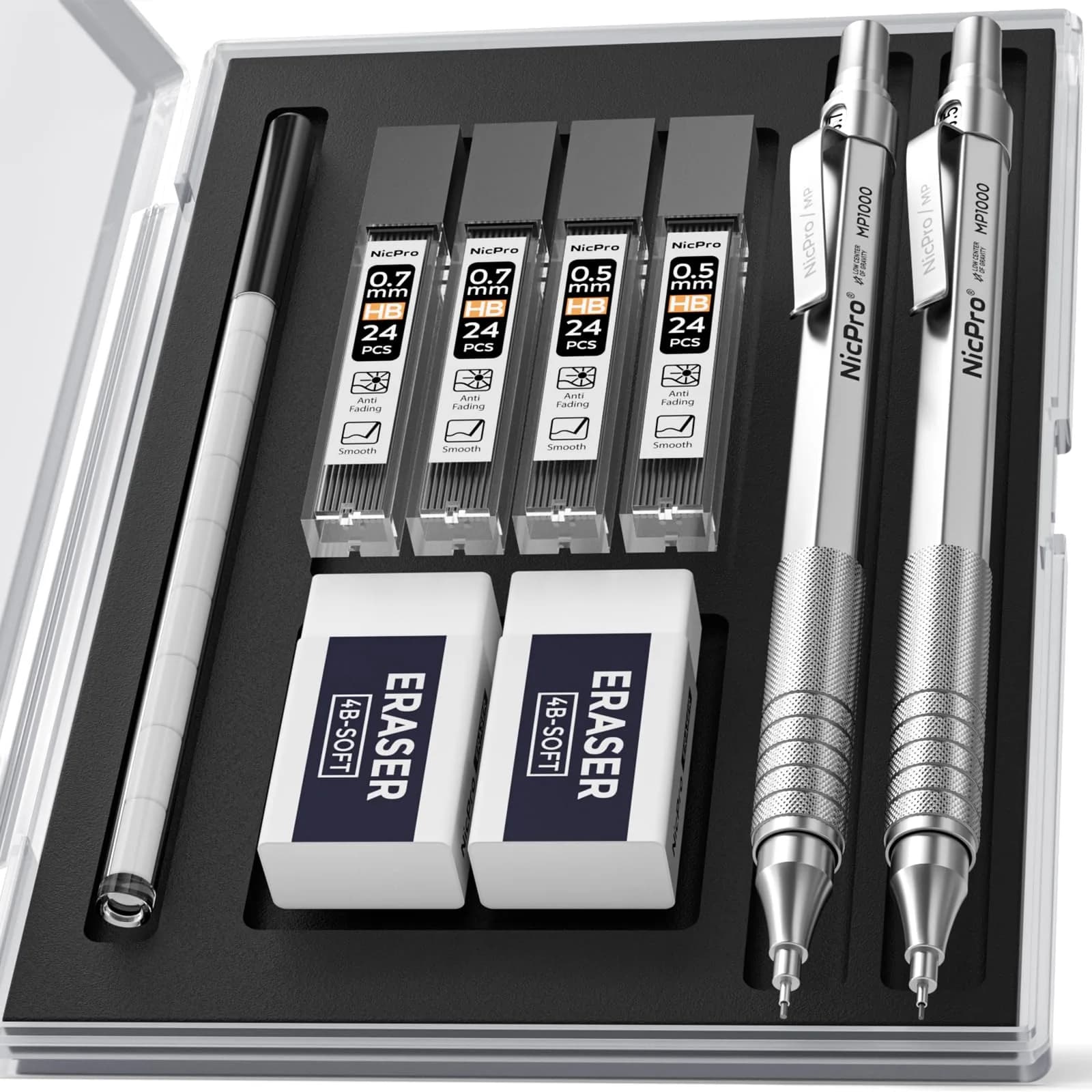 Nicpro MP1000 Series Mechanical Pencil Set 0.5mm & 0.7mm | Full Metal Body with Case & Refills — Silver