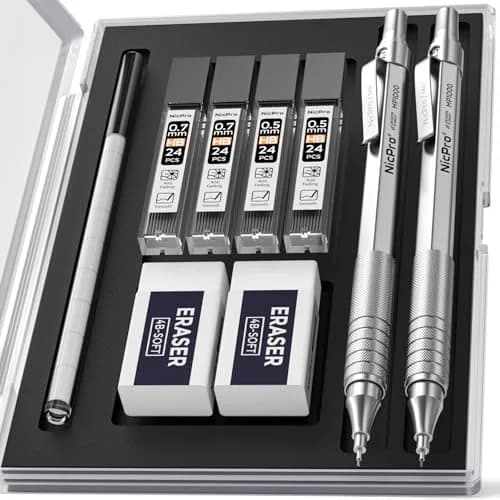 Nicpro MP1000 Series Metal Mechanical Pencil Set 0.5mm & 0.7mm with Case | Full Metal Body, 96PCS Lead Refills, Comfortable Grip thumbnail 1