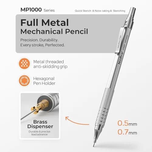 Nicpro MP1000 Series Metal Mechanical Pencil Set 0.5mm & 0.7mm with Case | Full Metal Body, 96PCS Lead Refills, Comfortable Grip thumbnail 2