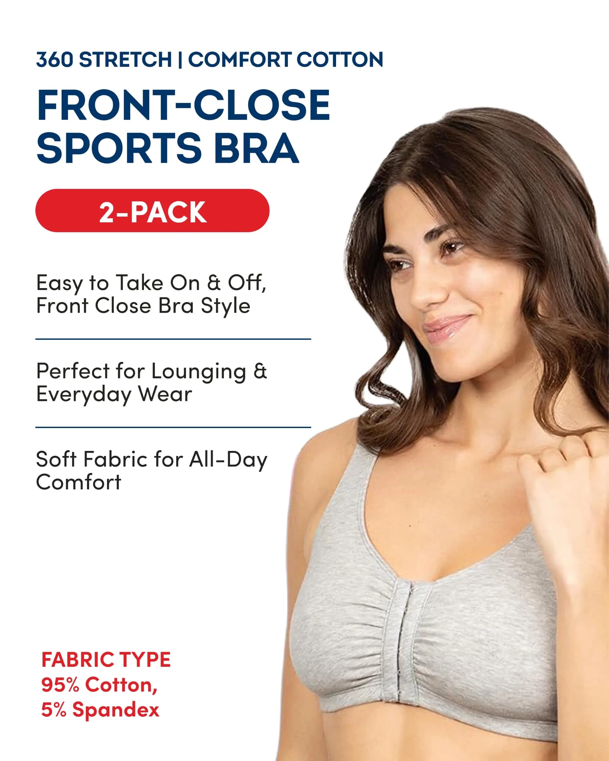 Fruit of the Loom Women's Front Closure Cotton Sports Bra 2-Pack | Medium Impact, Wire-Free, U-Back - view 3