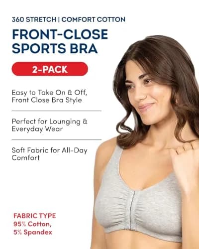 Fruit of the Loom Women's Front Closure Cotton Sports Bra 2-Pack | Medium Impact, Wire-Free, U-Back thumbnail 3