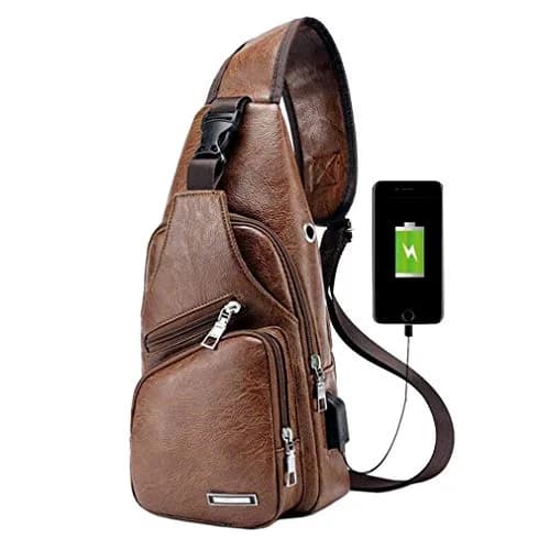 Hebetag PU Leather Sling Crossbody Bag 17cm (6.7") x 35cm (13.8") | Vintage Style with USB Port & Headphone Plug thumbnail 1