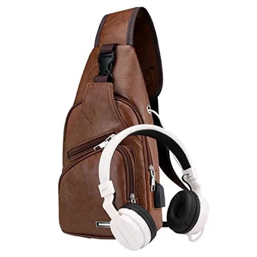 Hebetag PU Leather Sling Crossbody Bag 17cm (6.7") x 35cm (13.8") | Vintage Style with USB Port & Headphone Plug thumbnail 4