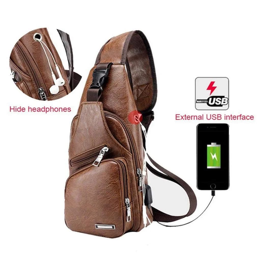 Hebetag PU Leather Sling Crossbody Bag 17cm (6.7") x 35cm (13.8") | Vintage Style with USB Port & Headphone Plug - view 5