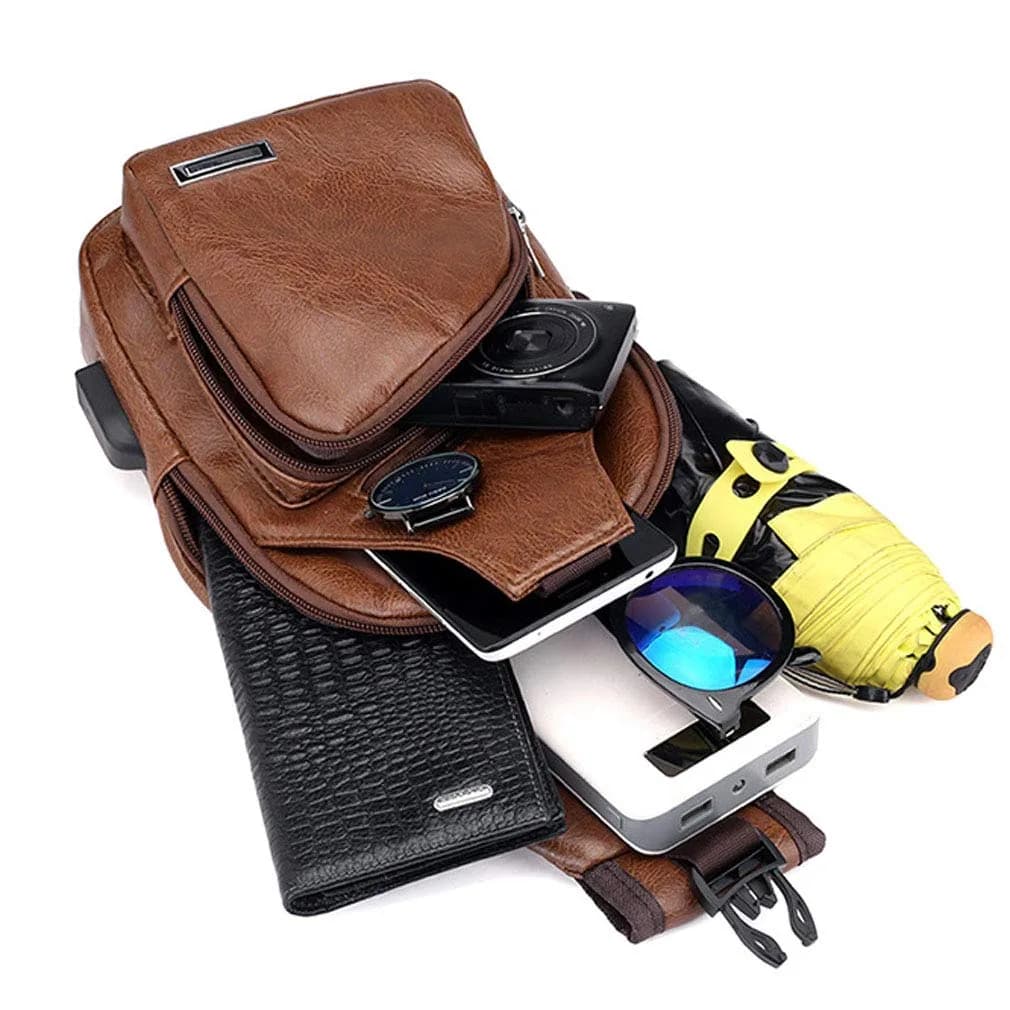 Hebetag PU Leather Sling Crossbody Bag 17cm (6.7") x 35cm (13.8") | Vintage Style with USB Port & Headphone Plug - view 6