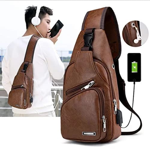 Hebetag PU Leather Sling Crossbody Bag 17cm (6.7") x 35cm (13.8") | Vintage Style with USB Port & Headphone Plug thumbnail 7