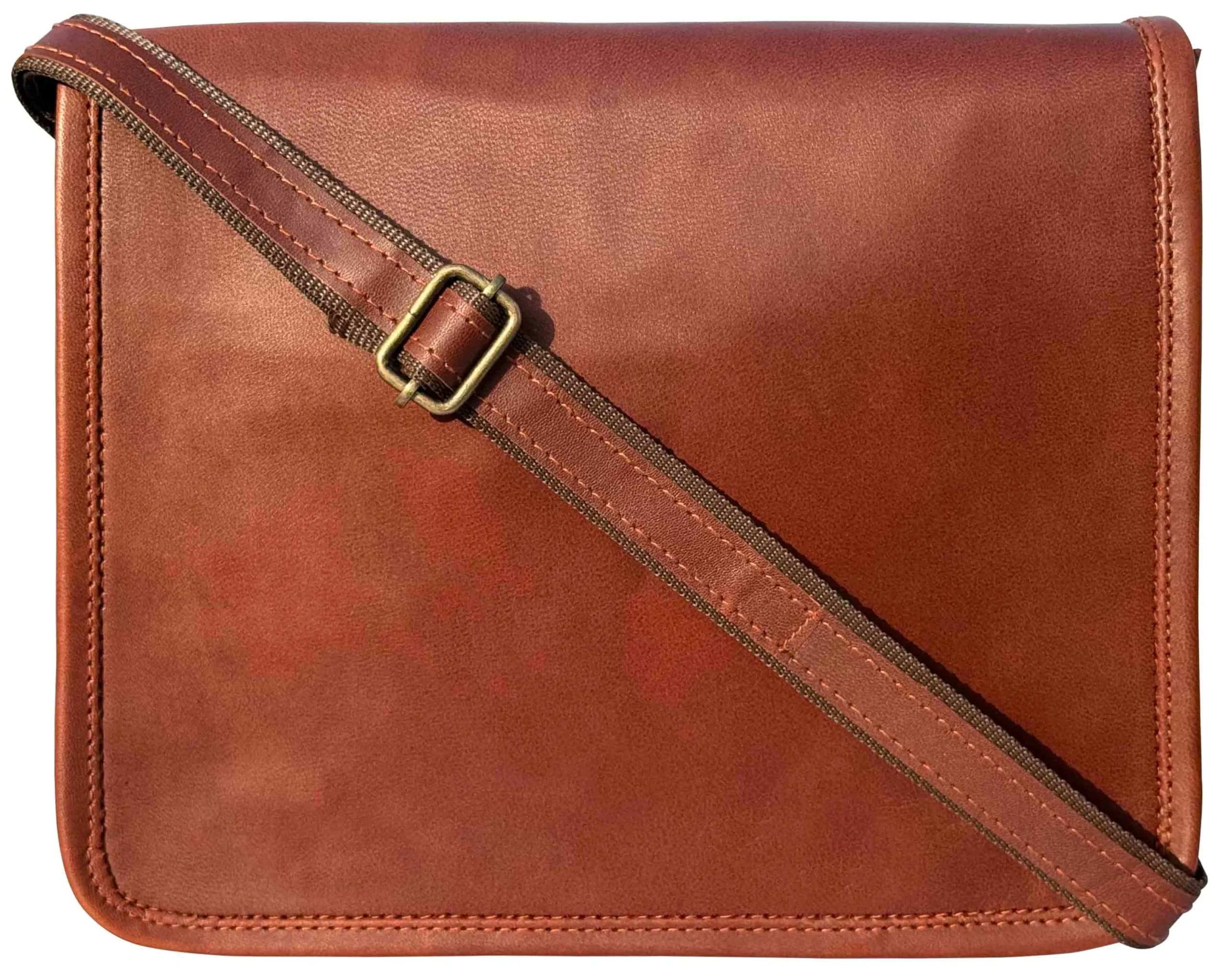 RUSTIC TOWN Leather Messenger Bag for 10.5-Inch iPad/Tablet - Small Shoulder Saddle Bag | Retro Brown Full Grain Goat Leather