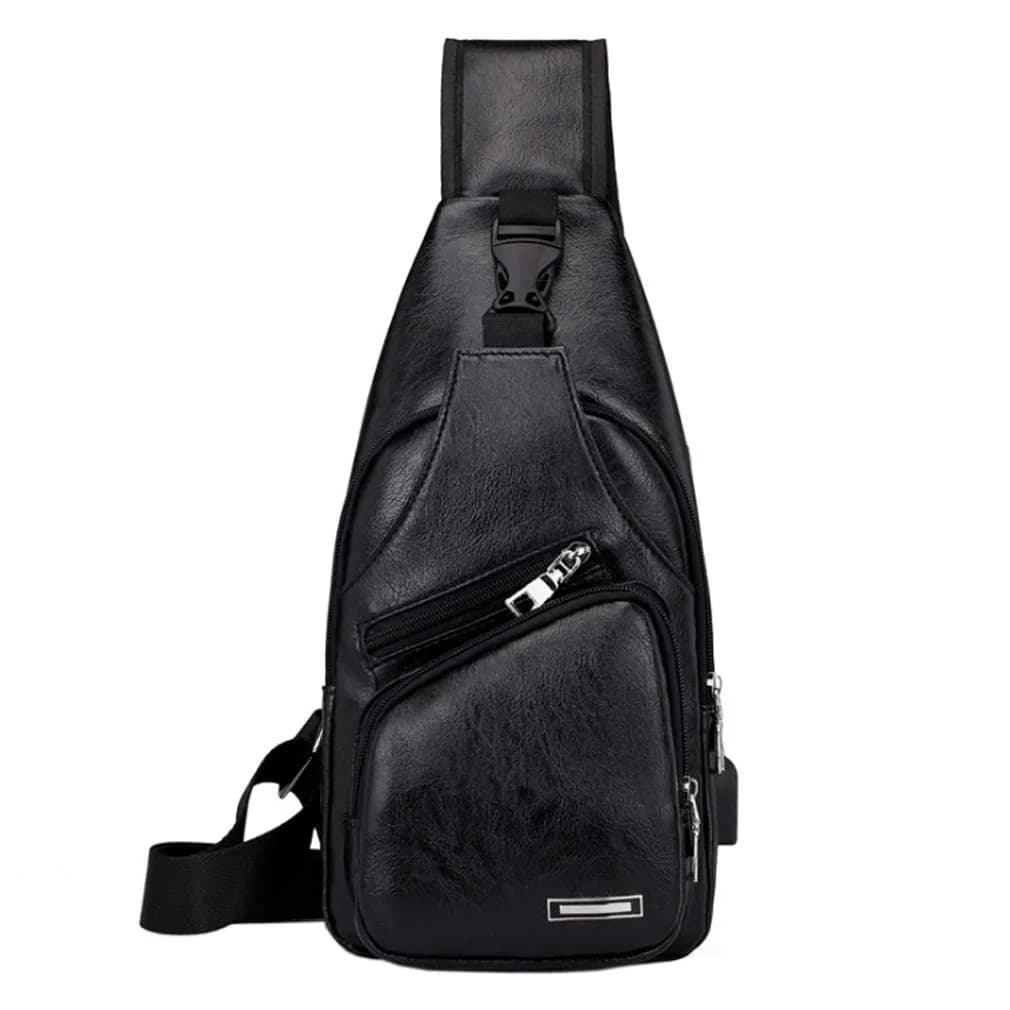 Hebetag Leather Sling Bag Backpack 31cm (12.2") | Vintage Crossbody Daypack for Men & Women — #21black(pu/Usb)