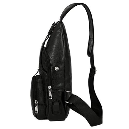 Hebetag Leather Sling Crossbody Bag for Men Women, Black 17cm x 35cm x 6cm | Vintage PU Leather Daypack with USB Port thumbnail 4