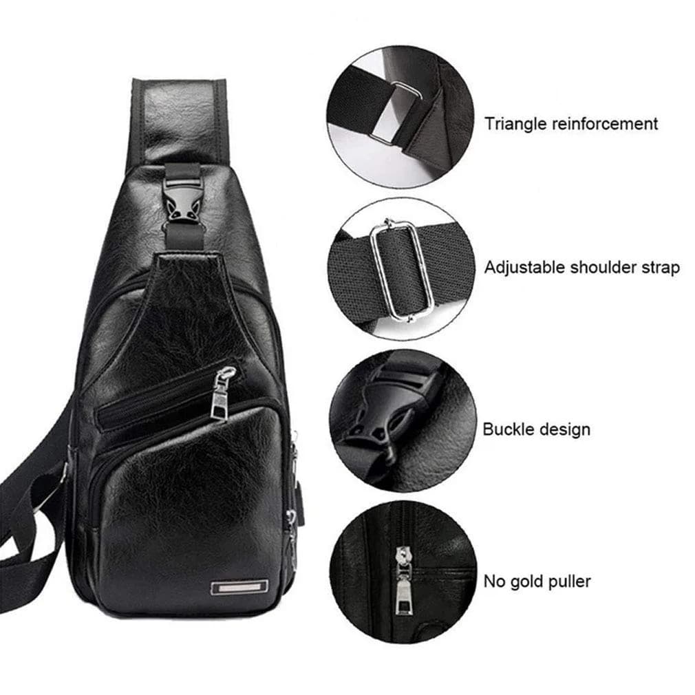 Hebetag Leather Sling Crossbody Bag for Men Women, Black 17cm x 35cm x 6cm | Vintage PU Leather Daypack with USB Port - view 5