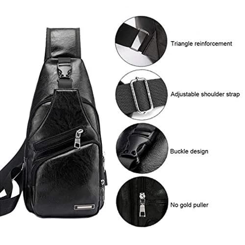 Hebetag Leather Sling Crossbody Bag for Men Women, Black 17cm x 35cm x 6cm | Vintage PU Leather Daypack with USB Port thumbnail 5