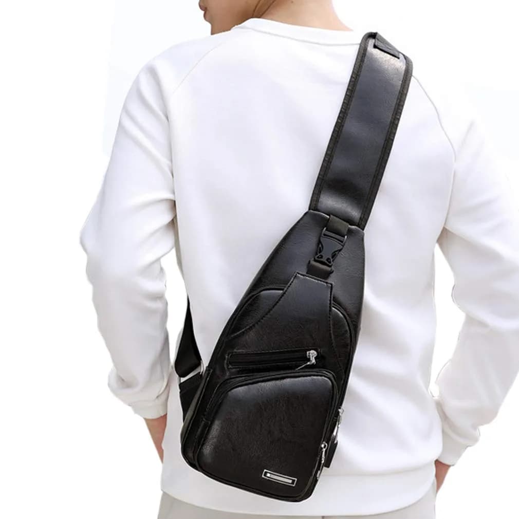 Hebetag Leather Sling Crossbody Bag for Men Women, Black 17cm x 35cm x 6cm | Vintage PU Leather Daypack with USB Port - view 6