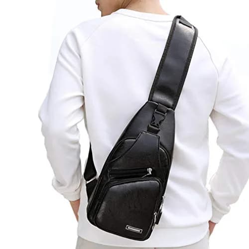 Hebetag Leather Sling Crossbody Bag for Men Women, Black 17cm x 35cm x 6cm | Vintage PU Leather Daypack with USB Port thumbnail 6