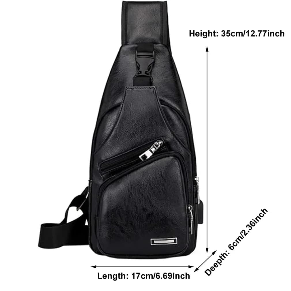 Hebetag Leather Sling Crossbody Bag for Men Women, Black 17cm x 35cm x 6cm | Vintage PU Leather Daypack with USB Port - view 7
