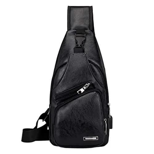 Hebetag Leather Sling Crossbody Bag for Men Women, Black 17cm x 35cm x 6cm | Vintage PU Leather Daypack with USB Port thumbnail 1