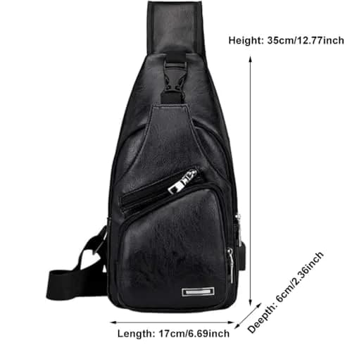Hebetag Leather Sling Crossbody Bag for Men Women, Black 17cm x 35cm x 6cm | Vintage PU Leather Daypack with USB Port thumbnail 7