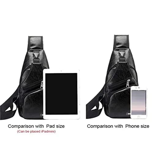 Hebetag Leather Sling Crossbody Bag for Men Women, Black 17cm x 35cm x 6cm | Vintage PU Leather Daypack with USB Port thumbnail 8