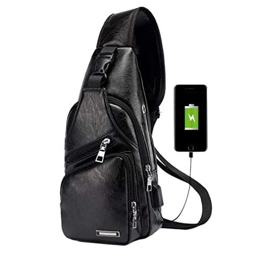 Hebetag Leather Sling Crossbody Bag for Men Women, Black 17cm x 35cm x 6cm | Vintage PU Leather Daypack with USB Port thumbnail 2