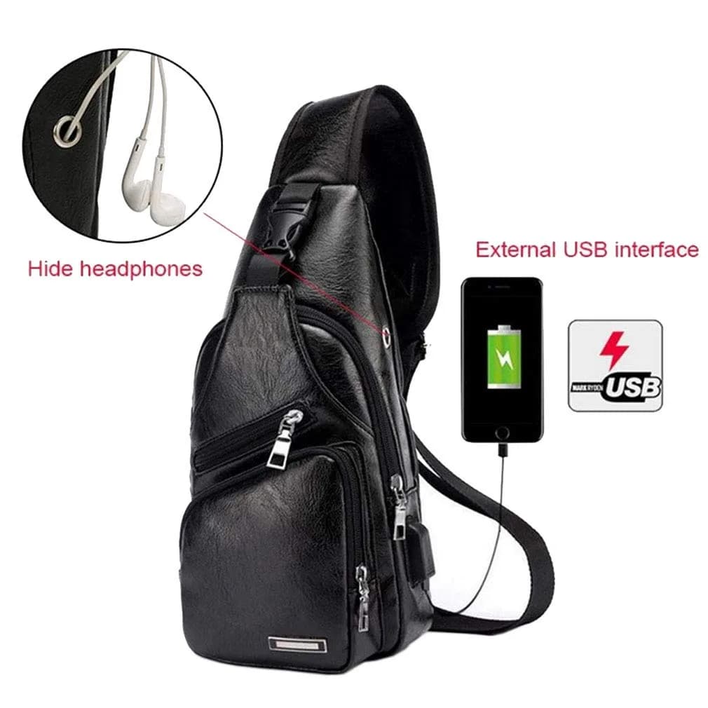Hebetag Leather Sling Crossbody Bag for Men Women, Black 17cm x 35cm x 6cm | Vintage PU Leather Daypack with USB Port - view 3