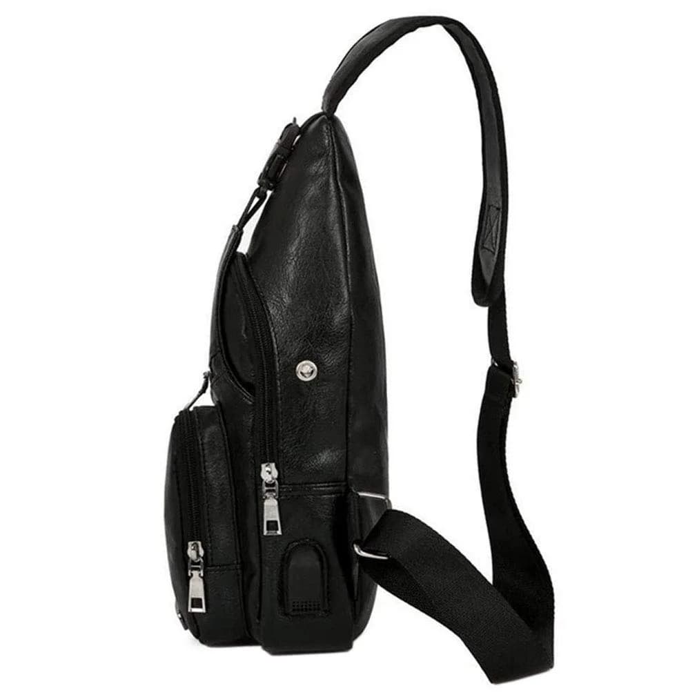 Hebetag Leather Sling Crossbody Bag for Men Women, Black 17cm x 35cm x 6cm | Vintage PU Leather Daypack with USB Port - view 4