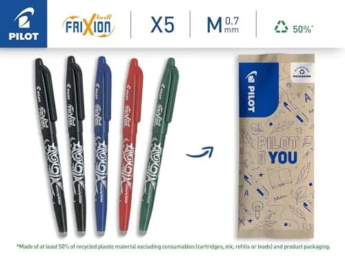 Pilot FriXion Erasable Rollerball Pen 0.7mm Tip - 5 Pens (2 Black, 1 Blue, 1 Red, 1 Green) | Smooth Ink Flow thumbnail 2