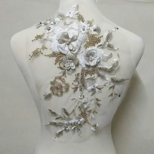FEEPOP 3D Embroidered White & Gold Flower Lace Applique Patch 35cm x 28cm for Wedding Dresses - main product image