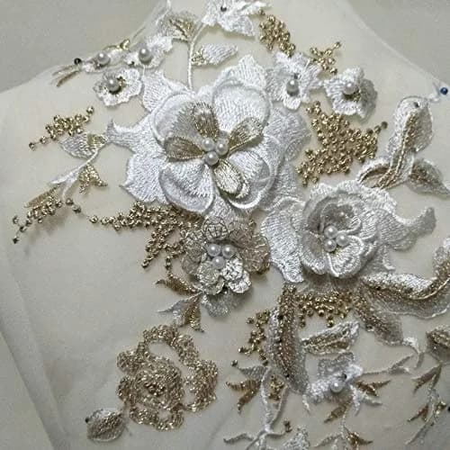 FEEPOP 3D Embroidered White & Gold Flower Lace Applique Patch 35cm x 28cm for Wedding Dresses - view 2