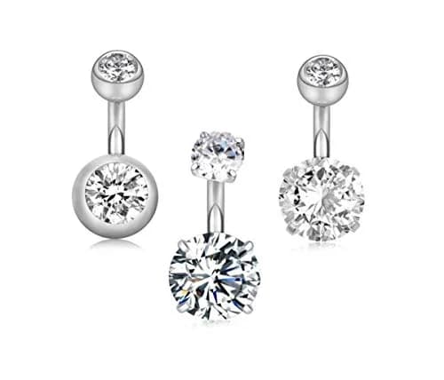 YHMM 14G Surgical Steel Belly Button Rings 6mm (0.24 inch) Bar, 3Pcs Silver | Cubic Zirconia Navel Piercing Jewelry thumbnail 1