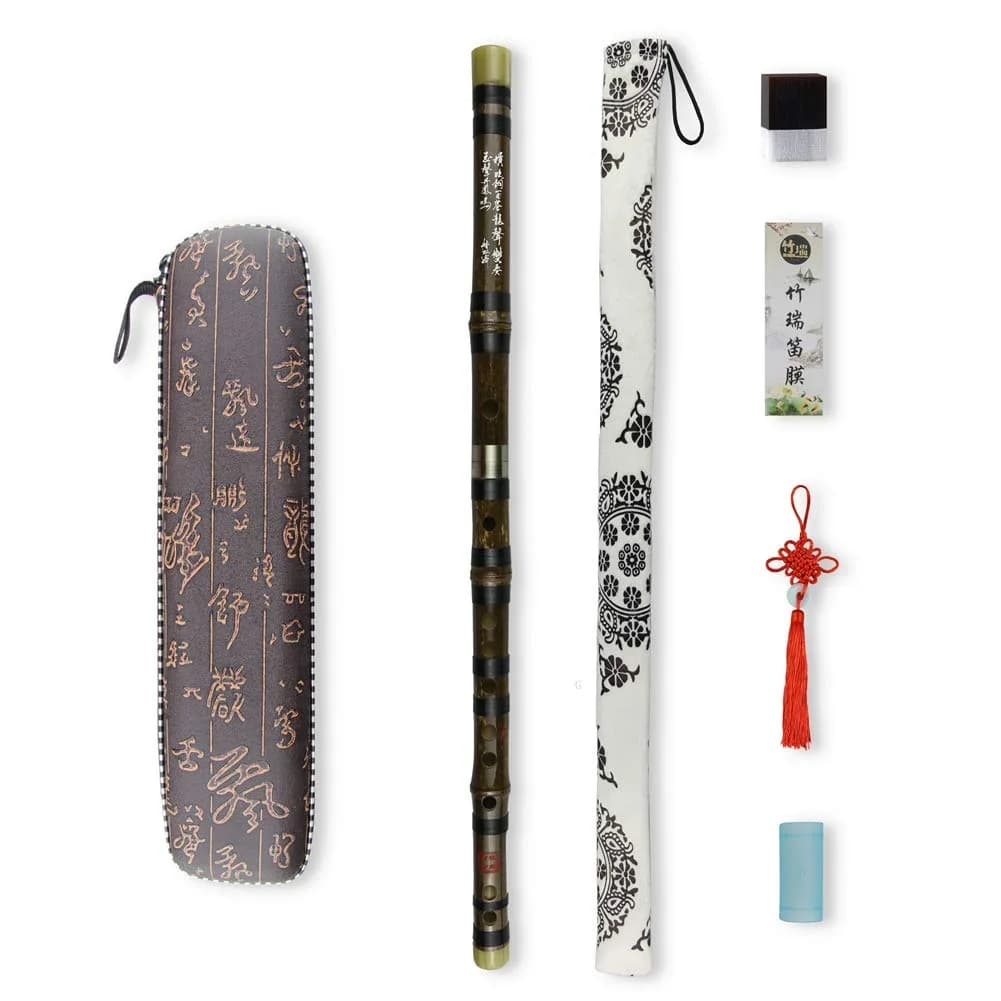 PHYSKOW Black Bamboo Dizi Flute in C Key | 66 cm (26 in) with Accessories — Black Bamboo / Key of G
