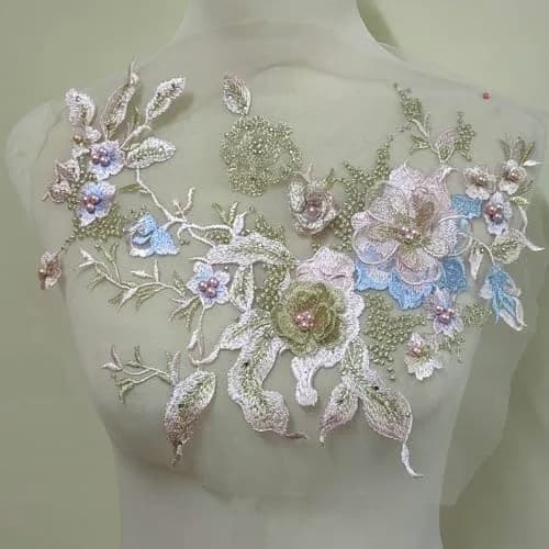 FEEPOP Blue & Pink 3D Embroidered Flower Lace Applique Patch for Wedding Dresses, 35cm x 28cm - main product image