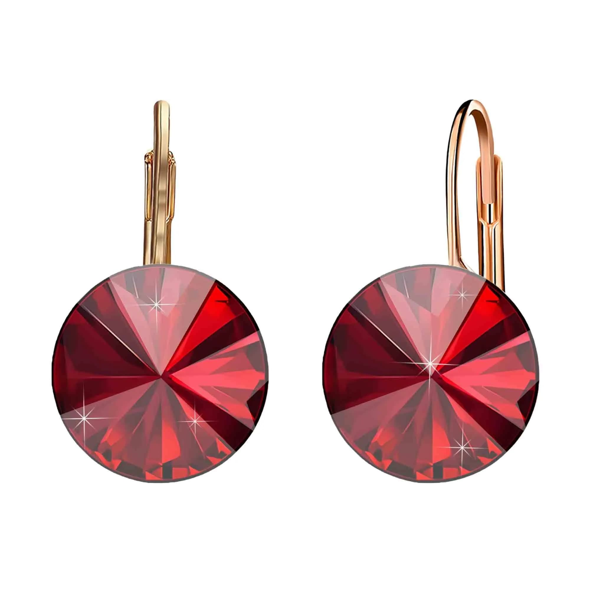 EVEVIC Austrian Crystal Round Drop Leverback Earrings for Women | 14mm Diameter, 25mm Length — Red