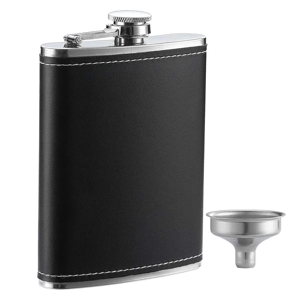 YWQ 8 Oz (237ml) Black Leather Cover Hip Flask with Funnel | Leak Proof Stainless Steel Liquor Flask — Black