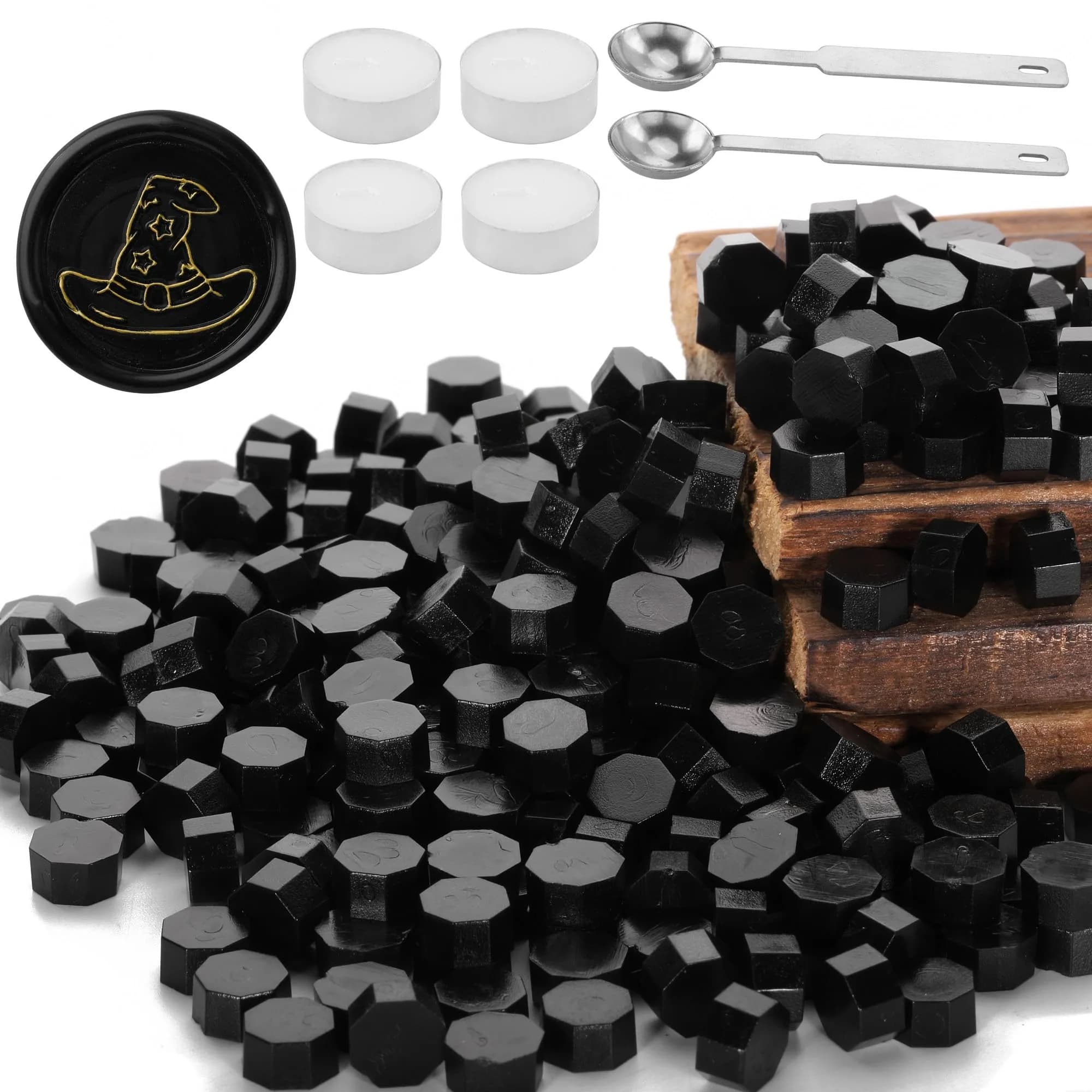 Yoption Sealing Wax Beads Kit 300 pcs Bright Blue | Vintage Octagon Wax Seal Supplies — Black