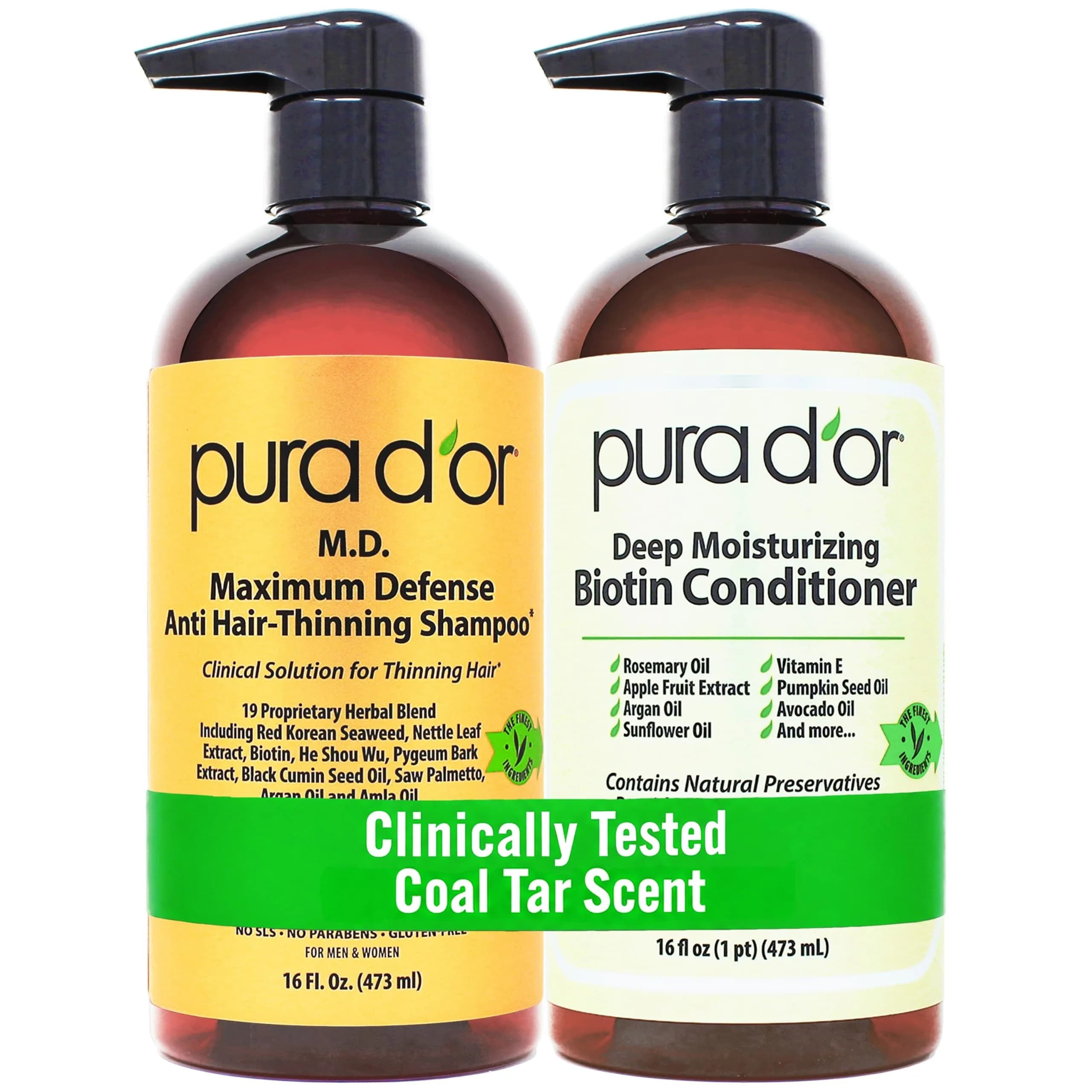 PURA D'OR Maximum Defense Biotin Shampoo & Conditioner Set 473ml (16 Fl Oz x2) | Clinically Tested Hair Regrowth Treatment - main product image