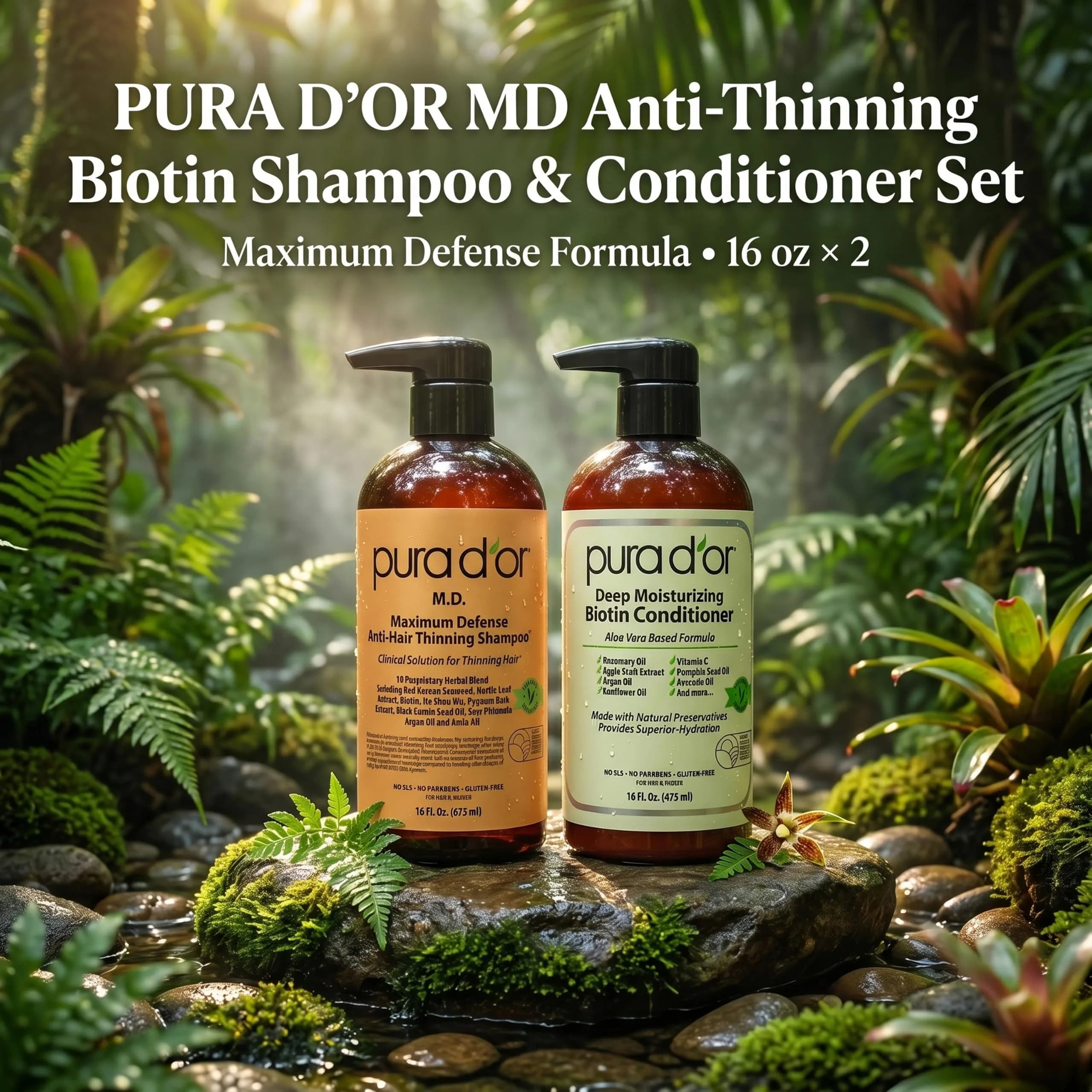 PURA D'OR Maximum Defense Biotin Shampoo & Conditioner Set 473ml (16 Fl Oz x2) | Clinically Tested Hair Regrowth Treatment - view 2