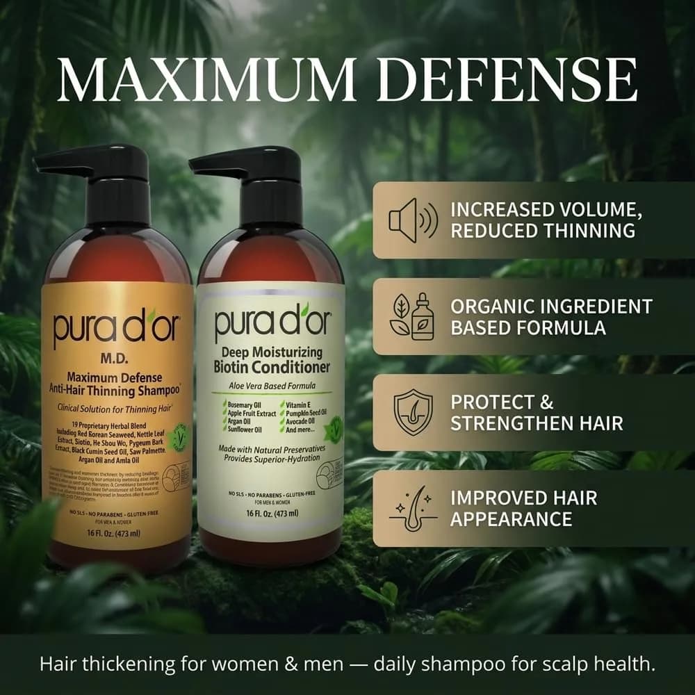 PURA D'OR Maximum Defense Biotin Shampoo & Conditioner Set 473ml (16 Fl Oz x2) | Clinically Tested Hair Regrowth Treatment - view 3