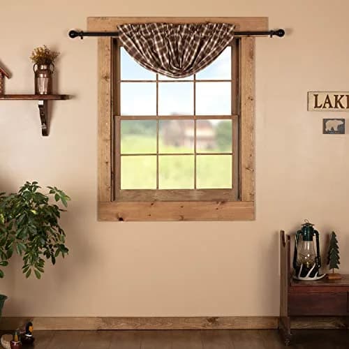 VHC Brands Rustic Kitchen Rory Rod Pocket Cotton Plaid Curtain, Balloon Valance 15x60, Brown | Cozy, Rustic Style with Light Filtering thumbnail 1
