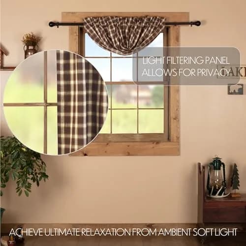 VHC Brands Rustic Kitchen Rory Rod Pocket Cotton Plaid Curtain, Balloon Valance 15x60, Brown | Cozy, Rustic Style with Light Filtering thumbnail 3