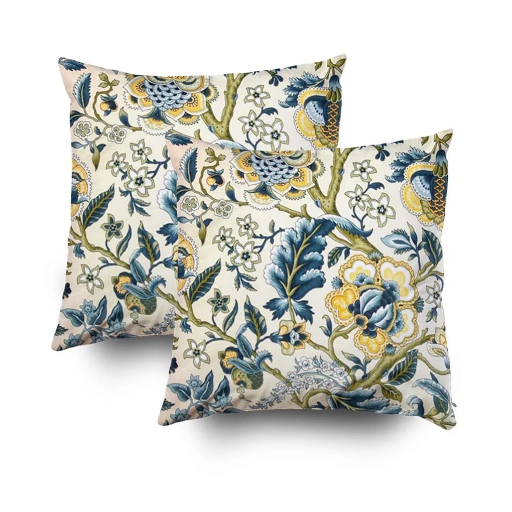 Shorping Decorative Pillow Cover 18x18 | Blue & Yellow Jacquard Print, 2 Pack, Zippered Square Cushion Cover for Home & Sofa